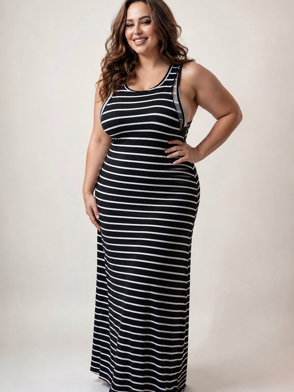 Black & White Striped Maxi Dress - Sleeveless Tank Style